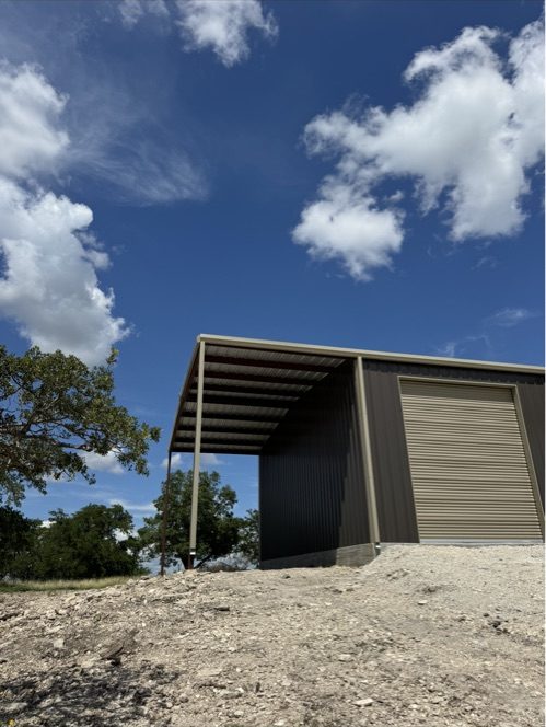 Metal building with extended overhang, Hill Country Central Texas